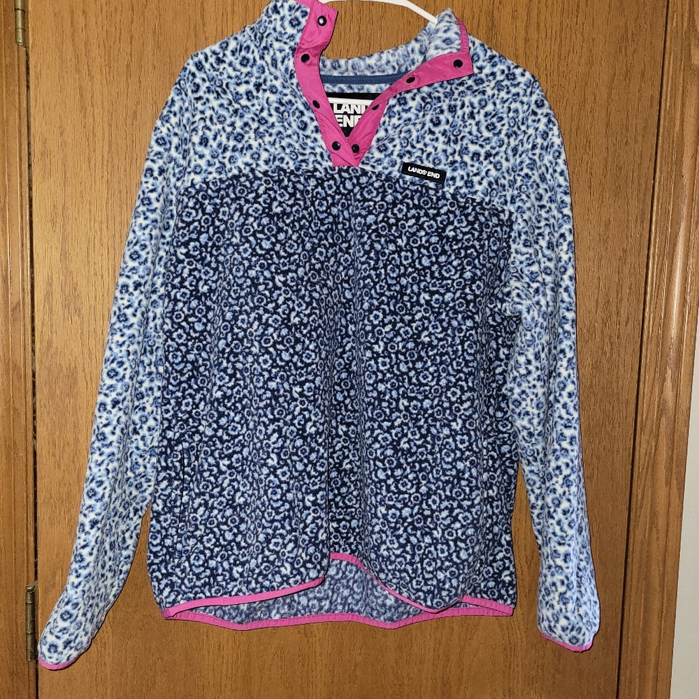 Womens land's end animal print blue quarter button pullover xl